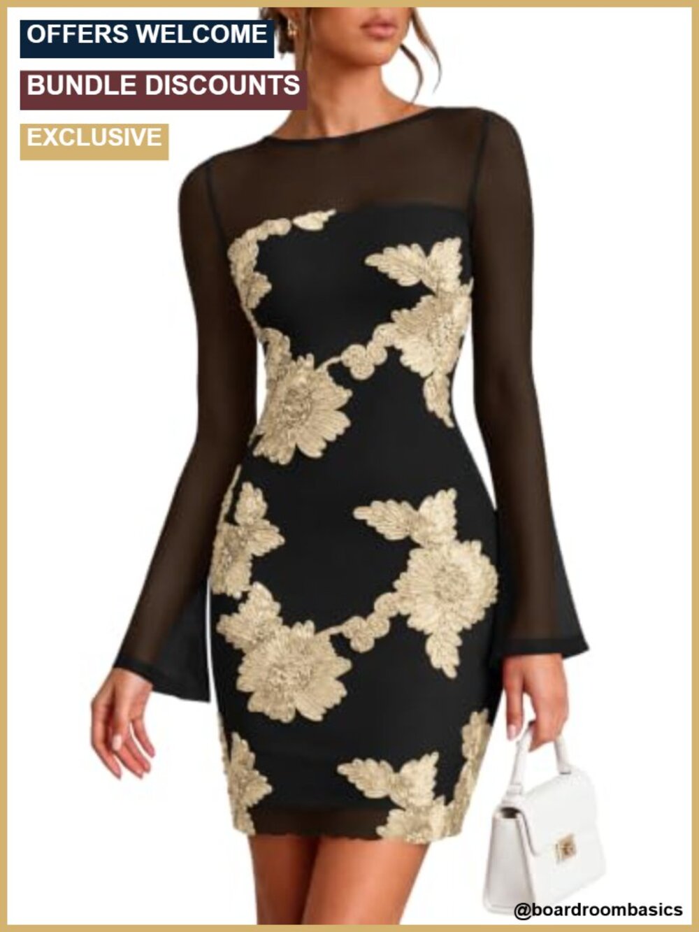 Women's Long Sleeve Floral Mesh Bodycon Short Dress Bell Sleeve